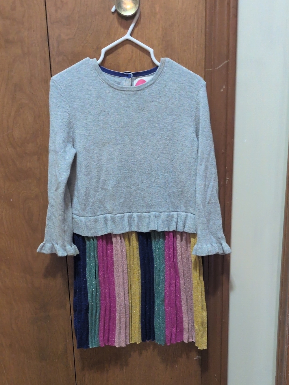 Mini Boden Gray Sweater Top with Rainbow Glitter Pleated Skirt